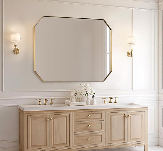 ANDY STAR Gold Octagon Bathroom Mirror, 30x40 Inch Stainless Steel Metal Frame, Anti-Rust, Shatterproof HD Glass, Wall Mounted for Bathroom, Bedroom, Living Room