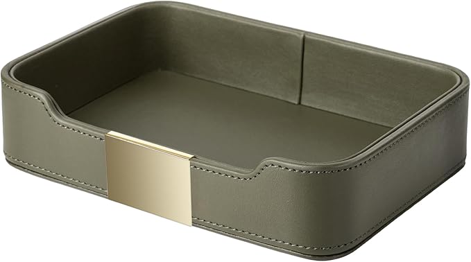 SANZIE Luxury Leather Tray Organizer Valet Tray Key Tray for Entryway Table Desktop Storage Catchall Tray Decorative Tray for Jewelry Keys Wallet Phone Watch (Metal Gilded, Khaki Green)