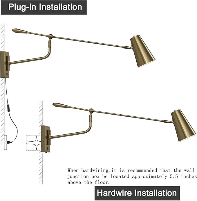 Rotatable Activity Adjustable Direction Swing Arm Wall Lamp, Dual Power Modes Plug-in/Hardwired, Indoor Large Gold Wall Mounted Lights for Bedroom Living Room Dining Room, E26 Bulb