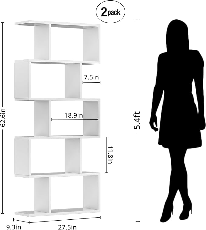 5-Tier Geometric Bookcase (Set of 2), 62.6" Tall S-Shaped Bookshelf & Room Divider, Modern White Freestanding Display Shelving Unit for Living Room, Hallway, Home Office