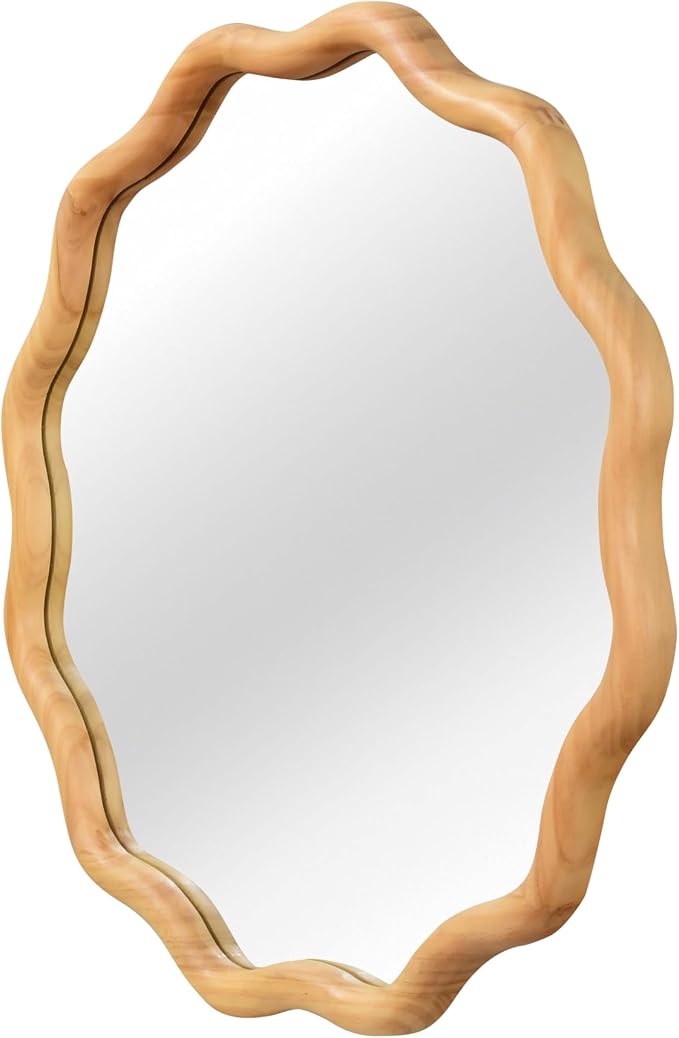 24" Wavy Round Solid Wood Frame Decorative Mirror, for Bedroom, Bathroom, Living Room, Entryway, HU26052223 (Oak)