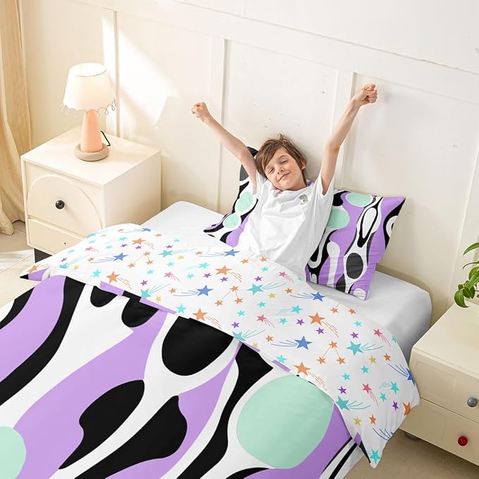 Erosebridal Organic Geometric Duvet Cover Set Modern Abstract Girl Toddler Bedding Set for Young Boys Retro Mid Century Comforter Cover Modern Fluid Art Irregular Circles Bed Sets,Lavender Mint Green
