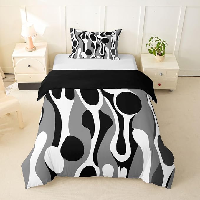 Erosebridal Organic Geometric Duvet Cover Set Modern Abstract Twin Bedding Sets for Girls Youth Boys Retro Mid Century Comforter Cover Modern Fluid Art Irregular Circles Bed Set,Gray Black