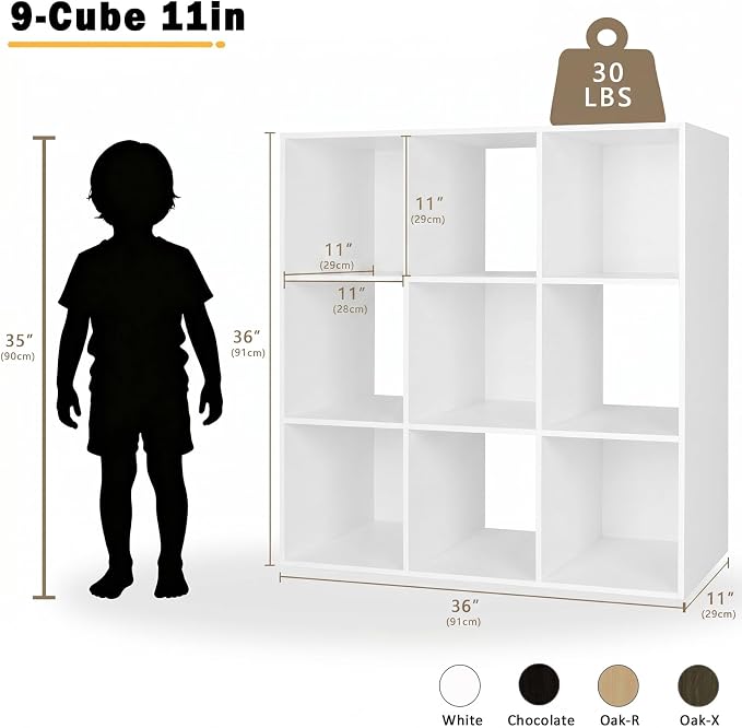 Endearing Limons【2026 Wooden 9 Cube Shelf Storage Organizer with Anti-Tipping Kits + Reversible Open Back Solid Panel Bookcase (11 x 11 Unit Cell White)