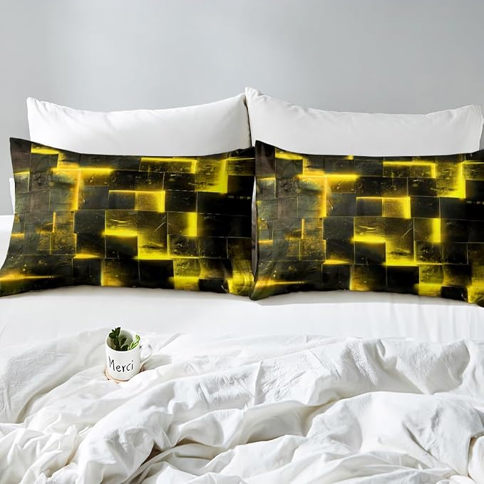 Yellow Black Bed Set 3D Glowing Buffalo Duvet Cover Twin Size Modern Abstract Art Twin Bedding Sets Geometric Plaid Comforter Cover, Gradient Futuristic Cubes Bed Cover (Black Reversible)