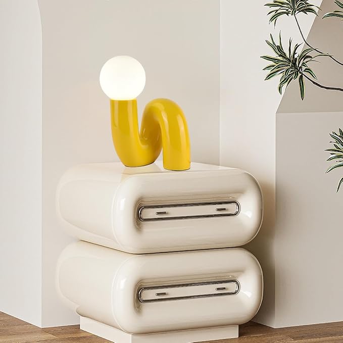 Modern Yellow Table Lamp Bauhaus Resin Table Light Aesthetics Milk White Globe Glass Light Fixtures for Bedside Bedroom Living Room Kid’s Room Corner Office