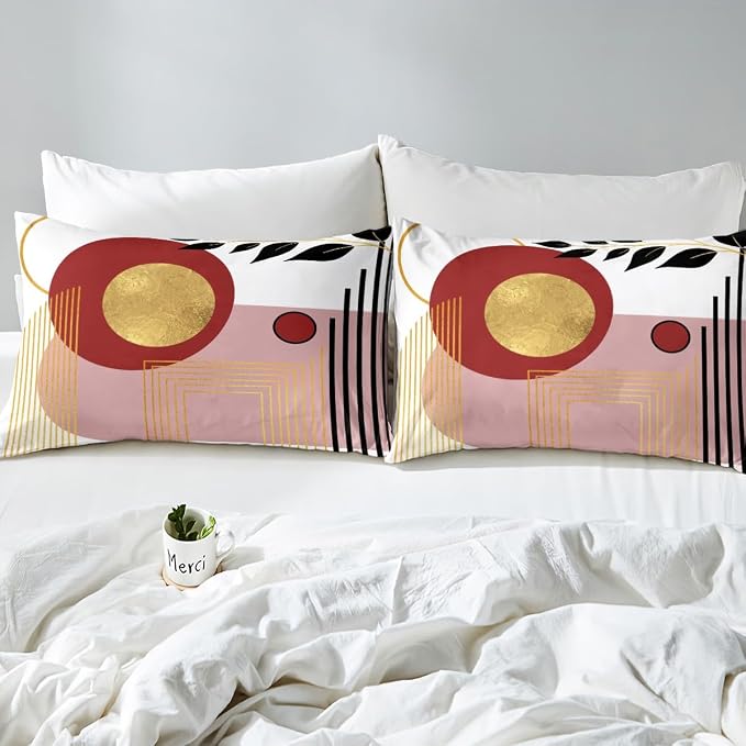 Erosebridal Pink Abstract Boho Twin Comforter Cover Mid Century Modern Duvet Cover Minimalist Aesthetic Neutral Bed Set Botanical Leaves Simple Bedding Set
