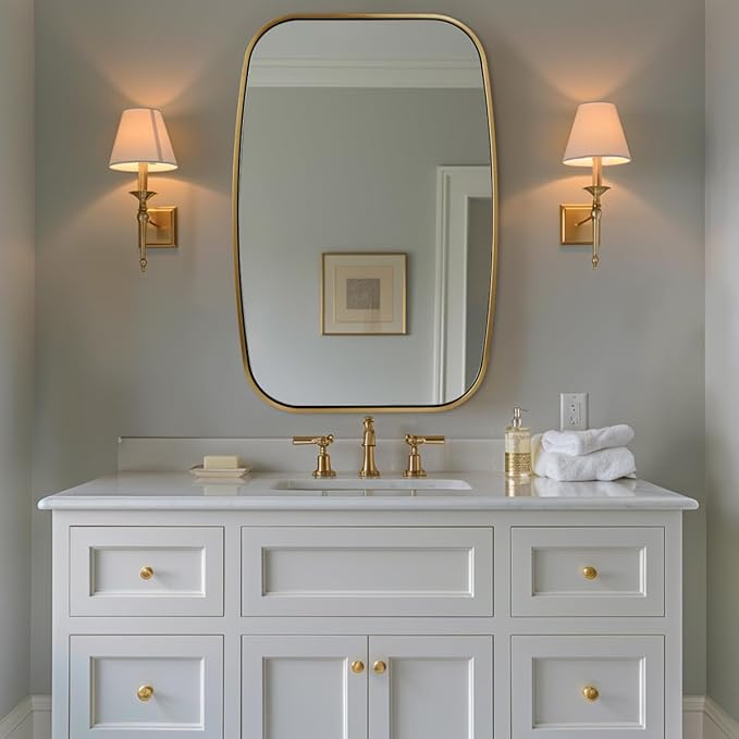 ANDY STAR Brushed Gold Oval Bathroom Mirror, 24x36 Inch Brass Oblong Mirrors for Wall, Modern Vanity Mirror in Stainless Steel Metal Tube Frame, Wall Mount Horizontal or Vertical