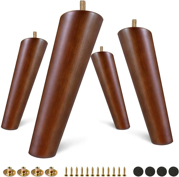 FoDau770 Brown Rubber Wood Furniture Legs 7 Inches, Slant Tapered Wood Feet Mid Century Sofa Legs Set of 4, 5/16" UNC Furniture Feet Replacement Parts for Cabinet Couch Dresser Chair Ottoman Table