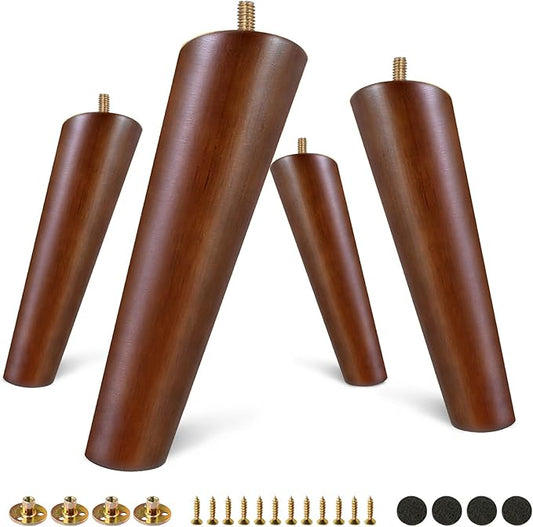 FoDau770 Brown Rubber Wood Furniture Legs 7 Inches, Slant Tapered Wood Feet Mid Century Sofa Legs Set of 4, 5/16" UNC Furniture Feet Replacement Parts for Cabinet Couch Dresser Chair Ottoman Table