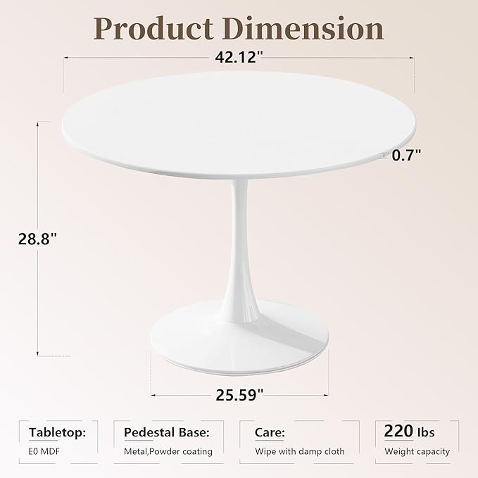 42 Inch Round Dining Table,Mid-Century Tulip Table with Metal Pedestal Base,Modern Leisure Table for Small Space Kitchen Dining Room,Easy Assembly,White