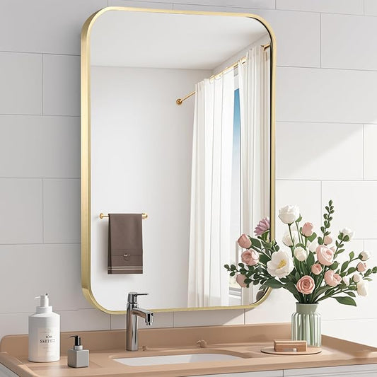 Gold Bathroom Mirror, 26x38 Inch Brushed Gold Mirror, Aluminum Alloy Framed Vanity Mirror, Rounded Rectangle Mirror for Over Sink, Anti-Rust (Horizontally or Vertically)