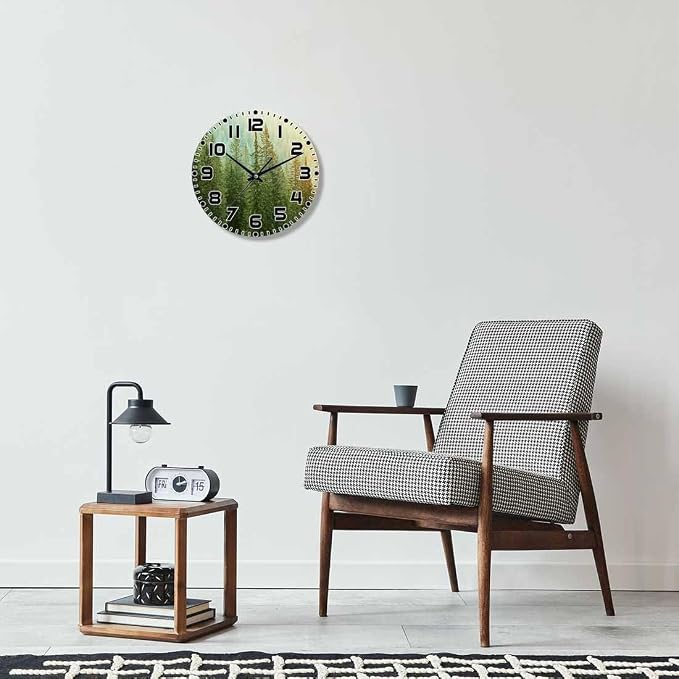 Fir Tree Wall Clock 10 inch Round Healthy Green Tree Silent Non Ticking Wood Wall Clocks Battery Operated Easy to Read Decorative Wall Clock for Bedroom Kitchen Living Room Bathroom