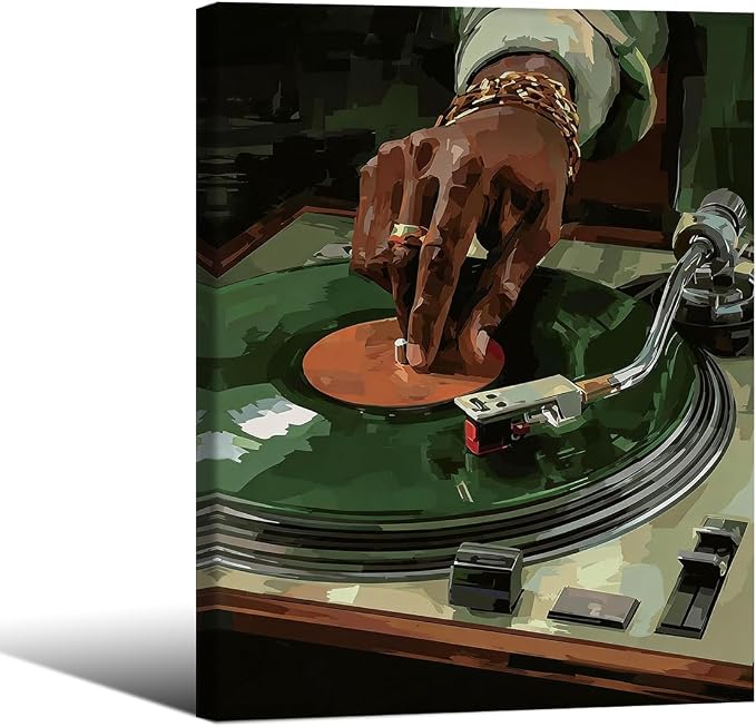 Music Vinyl Record Wall Art Modern African Black Woman Poster Retro Oil Painting Canvas Prints for Living Room Bedroom Dorm Wall Decor 012X16 inch Wood Framed