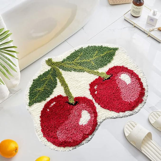UKELER Cute Cherry Bathroom Rug for Kids Non Slip Absorbent Bath Mat Washable Shaggy Bedroom Decor Plush Bath Rug for Shower 23.6''x19.7''