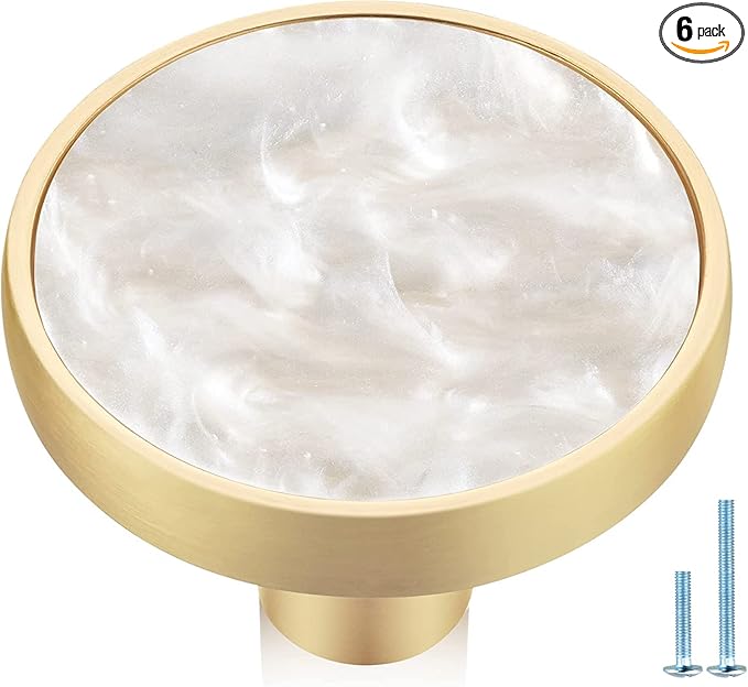 6 Pack Pearl Gold Cabinet Drawer Knobs,1.25" Decorative Round Drawer Pulls,Brushed Brass Furniture Hardware for Kitchen,Bathroom,Closet,Cupboard Door