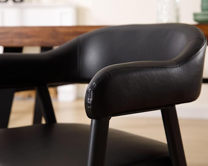 HNY Modern Dining Room Arm Chairs Set of 4, Retro Faux Leather Upholstered Barrel Dining Chairs with Arms Mid-Century Black Accent Chair with Metal Legs, Open-Back Kitchen Side Chair for Living Room