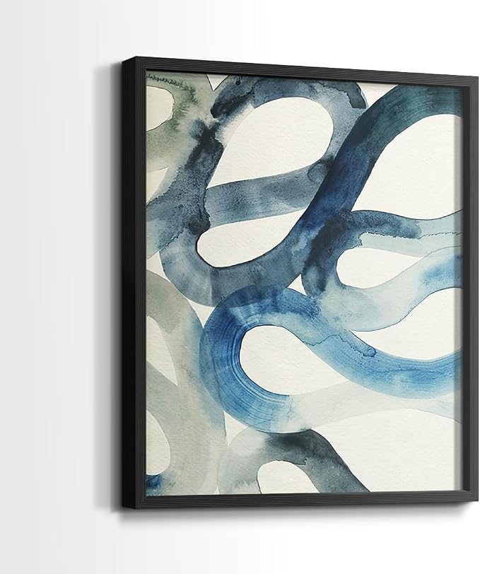 Renditions Gallery Set of 2 Peel & Stick Framed Prints, Watercolor Abstract Wall Art, Aquatic Water and Sand Strokes Wall Decor, Re-Stickable - Ready to Hang - 22"x28" - Black Frame LT588