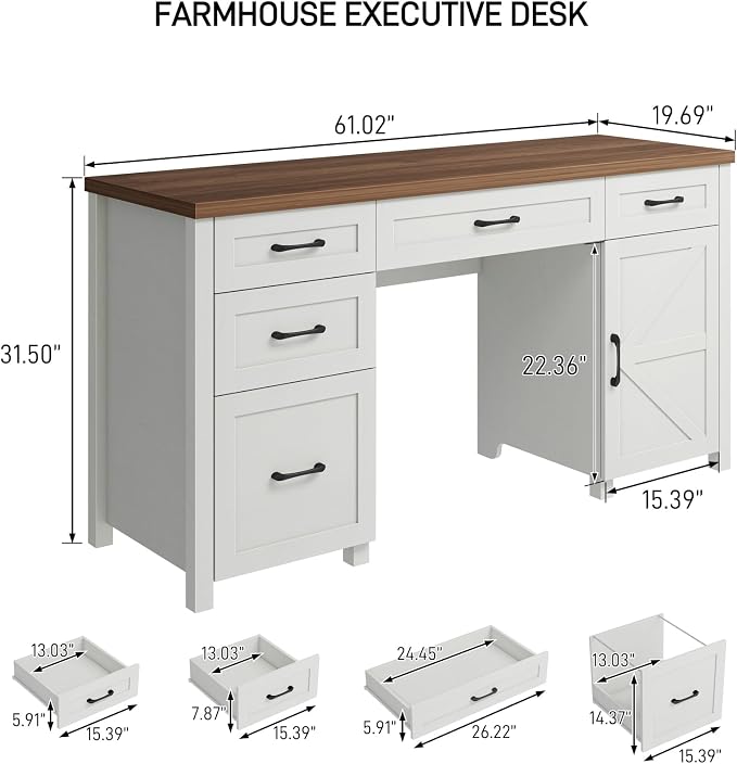Vabches Farmhouse 61'' Executive Desk with 5 Drawers, Rustic Office Desk Computer Table with File Drawers and Storage Cabinet, Wood Workstation for Study and Home Office,(Unique White)
