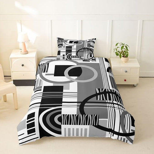 Art Deco Mid Century Duvet Cover Set Retro Modern Abstract Geometric Girl Toddler Bedding Set for Tween Boys Girls Black and White Grey Circles Stripes Comforter Cover Contemporary Bed Sets