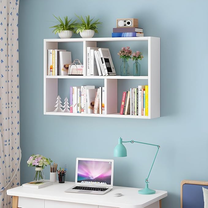 RUNNUP Floating Wall Mount Bookcase Engineered Wood Book Shelf Decor Wall Shelf for Study Room Office Living Room, White 39.4" L x 9.4" W x 25.6" H
