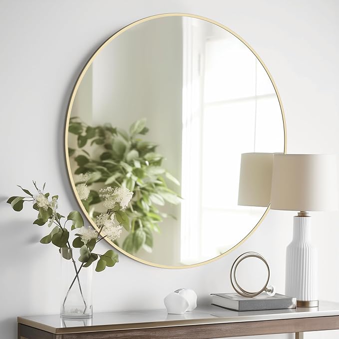 HOMECOOKIN Round Wall Mirror 32" Gold Circle Mirror for Bathroom with Metal Framed, Round Gold Mirror for Wall Decor, Vanity, Entryway Living Room