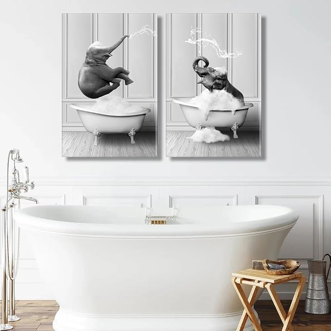 Framed Bathroom Wall Art Funny Kids Bathroom Decor Black and White Canvas Wall Art Pictures Elephant Bathing Animals Abstract Prints for Bedroom Poster 16x24x2Inch Ready to Hang