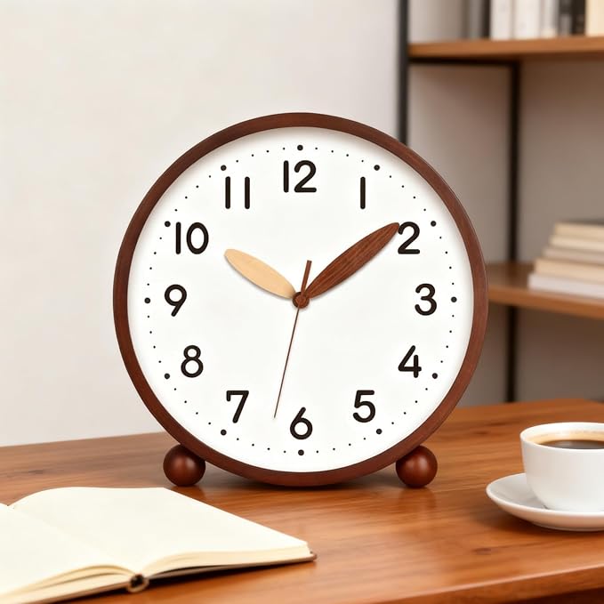 Maxspace Wooden Table Clock,8in Silent Non-Ticking Desk Clock,Battery Operated Desktop Analog Clock for Living Room Bedroom Kitchen Office Classroom Decor (Walnut - White)