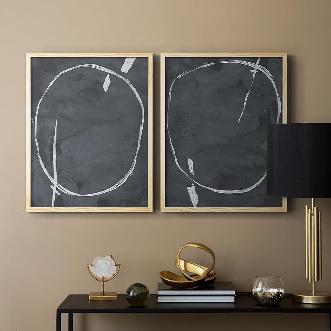 Renditions Gallery Set of 2 Peel & Stick Framed Prints, Abstract Wall Art, Circular Momentum Design Wall Decor, Re-Stickable - Ready to Hang - 11"x14" - NATURAL WOOD Frame LT588