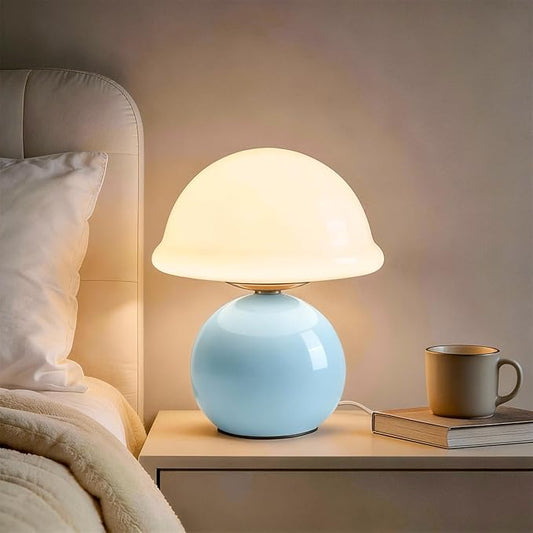 Mushroom Table Lamp for Bedroom, Cozy Bedside Lamp with Glass Shade, Stepless Dimmable Nightstand Lamp for Relaxing Bedroom Decor & Aesthetic Home (Blue)