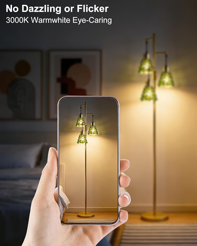 3-Light Modern Glass Floor Lamp, Gold Standing Tall Lamp with Green Pinecone Glass Shade for Reading, Dimmable LED Floor Lamp with 5Lbs Heavy Base for Living Room Bedroom Home Decor, Bulb Included