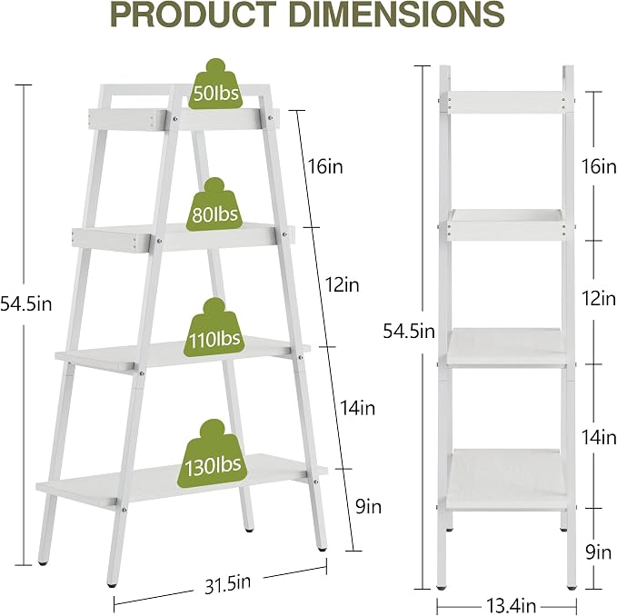 VECELO Ladder Shelf, 4-Tier Bookshelf with Enclosed Edges Design, Wooden Storage Rack Freestanding Bookcase for Living Room Home Office, White