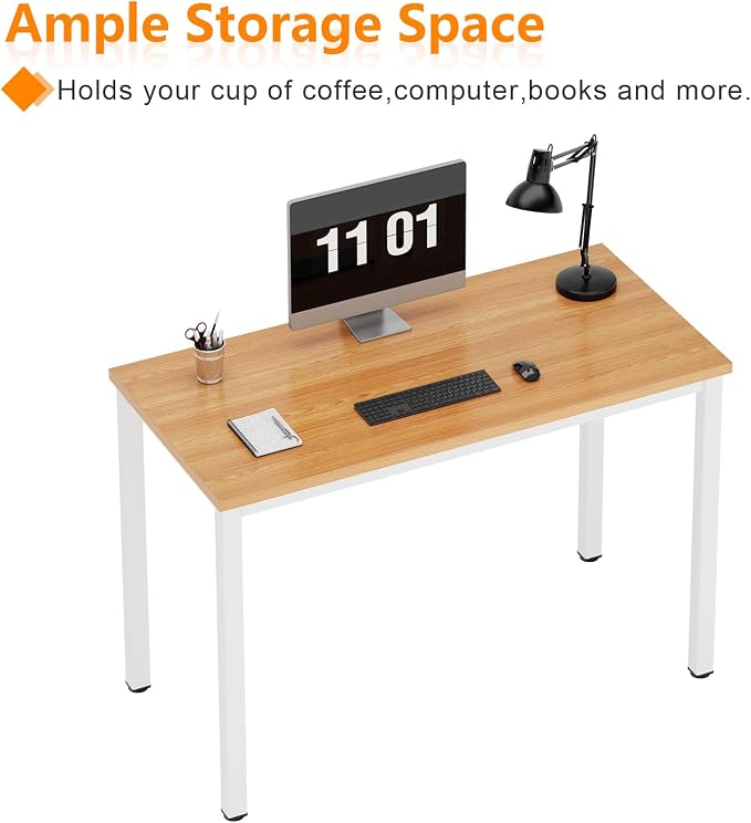 Need 39.4 inch Small Computer Desk, Sturdy Writing Desk for Small Spaces, Teens Computer Desks Study Table Laptop for Home Office, White Metal Frame, Teak Tabletop