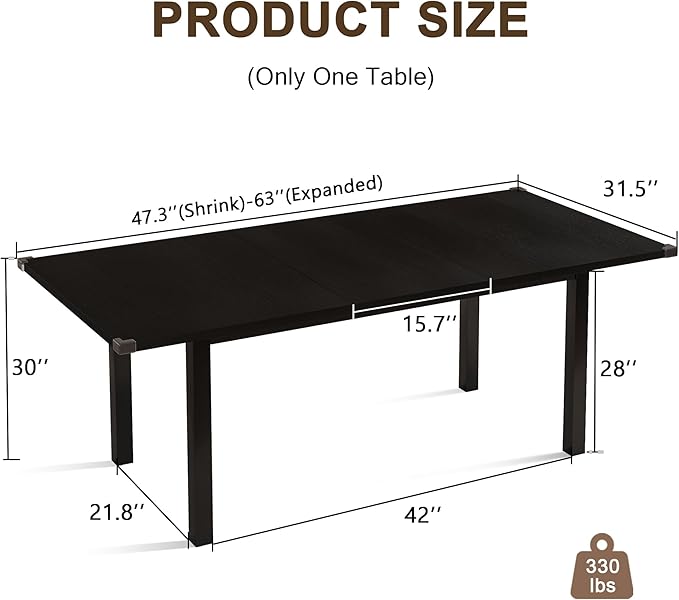 Modern Extendable Dining Table for 4-6, 63" Farmhouse Kitchen Table, Rectangular Dining Room Tables for Dining, Kitchen, Office, Living Room, Wooden Tables, Space Saving (Black)