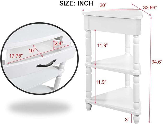 33.86" Corner Table, Wood 3 Tier Triangle Side Table Corner Shelf Stand with Solid Wood Legs 1 Drawer & 2 Storage Shelves for Living Room Small Space (Milk White)