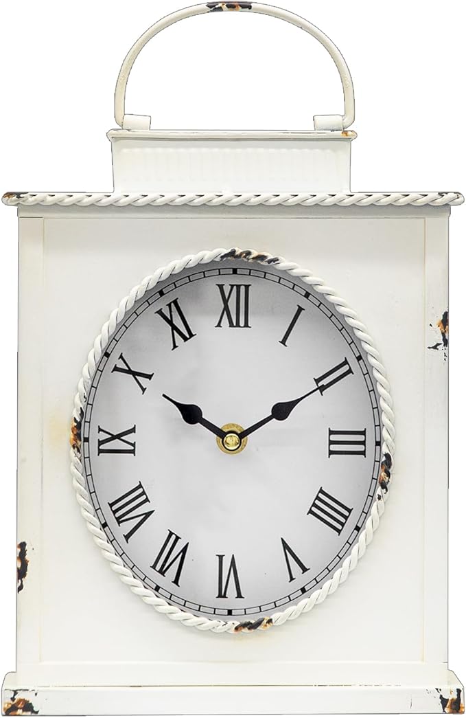 MODE HOME Vintage Mantel Clock, Large Rustic Distressed Metal Table Clock with Handle, Silent Non-Ticking Quartz Movement, Whitewashed Fireplace Shelf Desk Clock for Living Room Bedroom Office