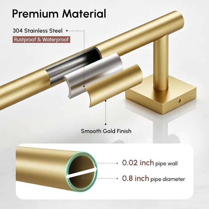 USHOWER Brushed Gold Towel Bar, 18 Inch Towel Racks for Bathroom Wall Mounted, 304 Stainless Steel Towel Holder with Square Base, Modern Home Decor (Total Length 20 Inch)
