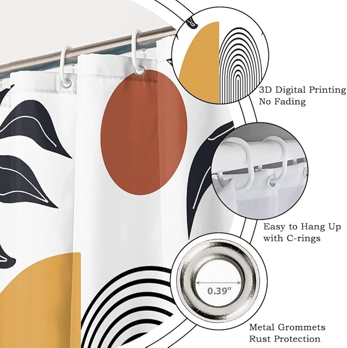 Bohemian Shower Curtain for Bathroom Modern Abstract Minimalist Bathroom Decor Mid Century Arch Sun Leaf Aesthetic Bathtub Curtains Machine Washable Waterproof Polyester Fabric with Hooks 70x72 Inch