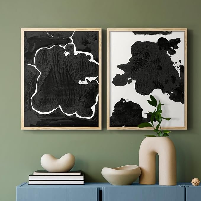 Renditions Gallery Set of 2 Peel & Stick Framed Prints, Fluid Abstract Wall Art, Black and White Inkblot Wall Decor, Re-Stickable - Ready to Hang - 16"x20" - NATURAL WOOD Frame LT588
