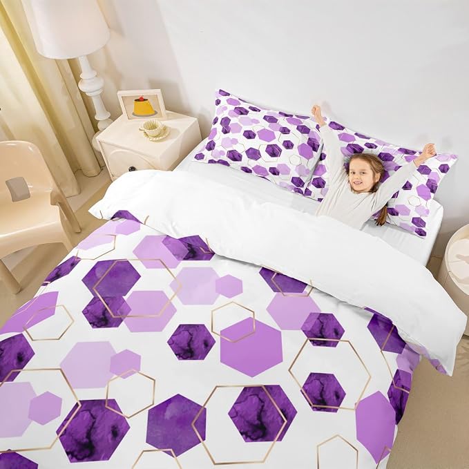 Erosebridal Purple Duvet Cover King Size for Boys Girls Geometric Hexagon Bedding Sets Modern Abstract Art Decor Bed Set Lavender Marbling Striped Bed Cover with 2 Pillow Cases