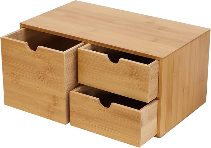 Bamboo Desk Organizer Small Retro Bamboo Tabletop Storage Box with Drawers& Recess Handles for Office Home Supplies Table Storage Collector 13 * 7.5 * 6in (3 Drawers/1 Left&2 Right)