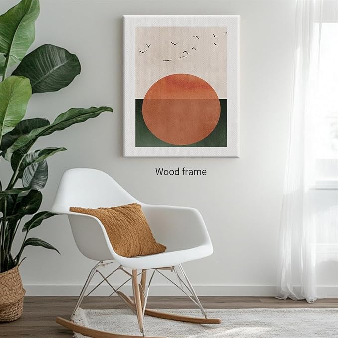 Wrapped Framed Japanese Minimalist Sunset With Bird Wall Art Nature Geometric Abstract Poster Modern Mid Century Eclectic Canvas Prints for Living Room Gallery Home Decor 12x16 inch