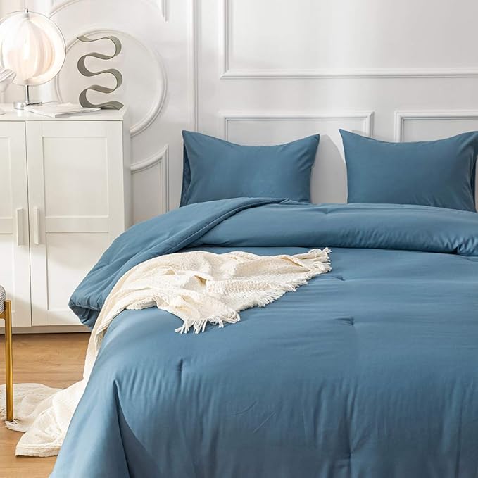 Pureant Blue Comforter Set Queen Dusty Blue Bedding Comforter Sets for Women Men Cotton Lake Blue Queen Comforter Soft Grayish Queen Size Comforter Sets Solid Color Quilt Breathable