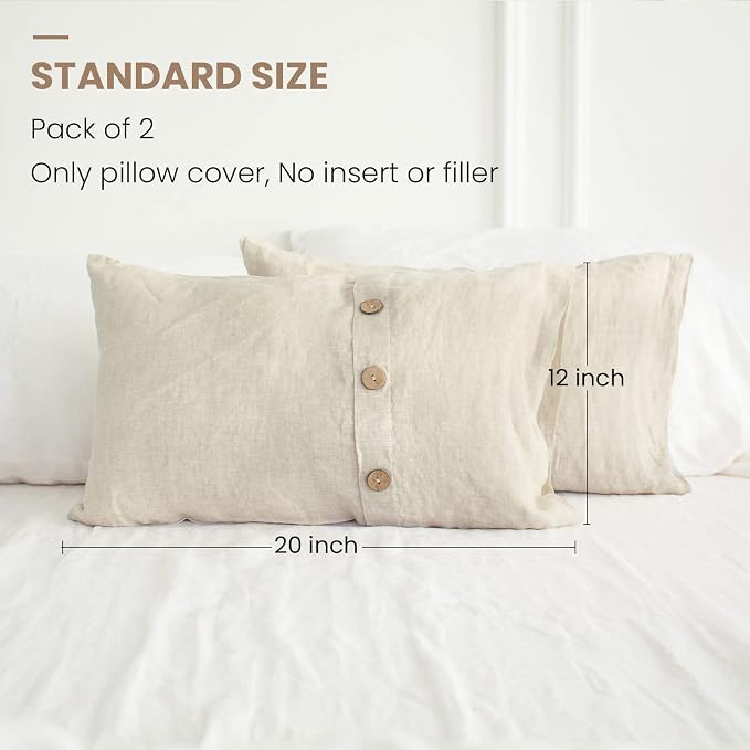 Simple&Opulence 100% Linen Lumbar Pillow Cover 12 x 20 Inch Set of 2 Rectangular Decorative Pillow Cover with Vintage Triple Coconut Button for Couch Sofa Bed Living Room Office Décor - Linen