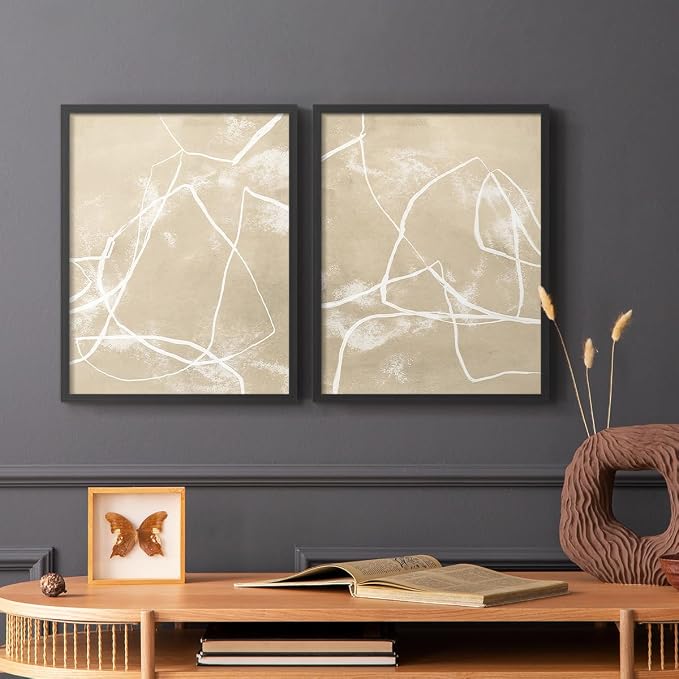 Renditions Gallery Set of 2 Peel & Stick Framed Prints, Neutral Abstract Wall Art, Beige Line Art Pattern Wall Decor, Re-Stickable - Ready to Hang - 22"x28" - Black Frame LT588