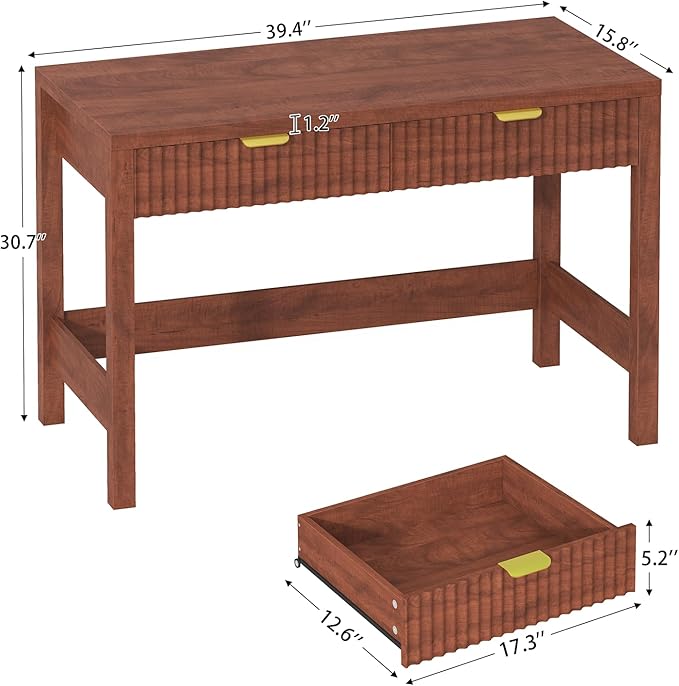 YOMILUVE Fluted Computer Desk with 2 Drawers, 39 Inch Small Computer Desk with Storage, Compact Writing Study Desk for Small Spaces, Red Walnut
