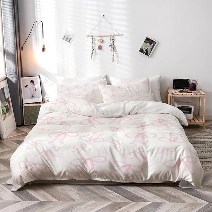 Trendy Pink Bows Duvet Cover Twin Size Coquette Decor Light Pink Bowknot Bed Cover Dreamy Princess Style Kids Girls Soft Bedding Set for Teens Funky Preppy Girl Room Decor Aesthetic 68"x88"