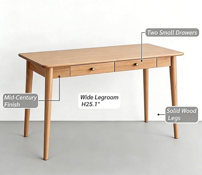 Mid Century Modern Desk, Wood Home Office Computer Desk with 2-Drawers, Vintage Writing Desk Workstation for Study, Bedroom(31.4 inch, Natural)