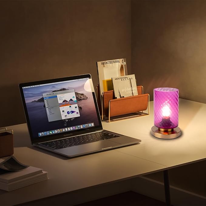 Bedside Table lamp mid Century Gold Table lamp mini nightstand lamp with Pink Glass Shade Gold Desk lamp Small Table lamp for Living Room Bedroom Office end Table