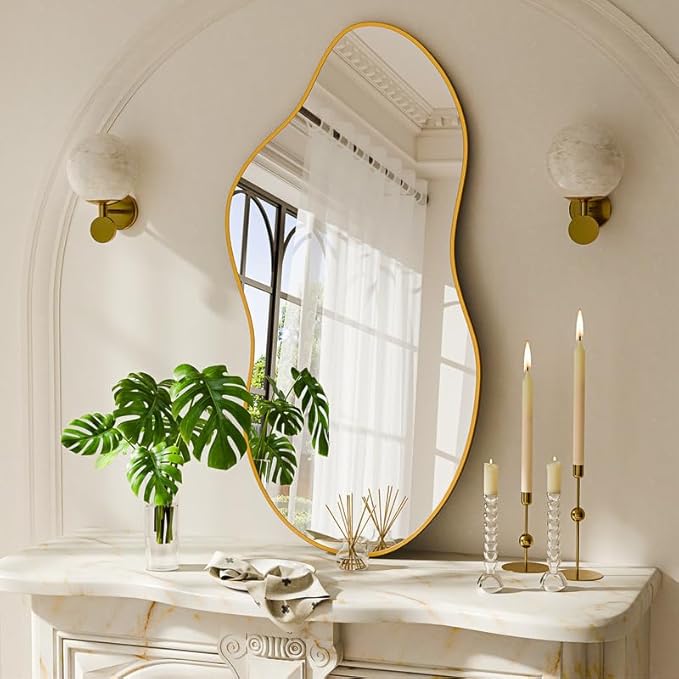 Irregular Wall Mirror 24×46 Inch Wall Mirrors Decorative Gold Modern Asymmetrical Abstract Mirror for Bathroom Bedroom Living Room Entryway Hallway